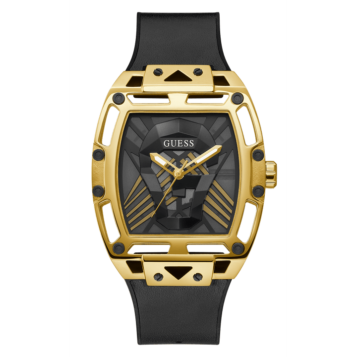GUESS Mens Black Gold Tone Multi-Function Watch