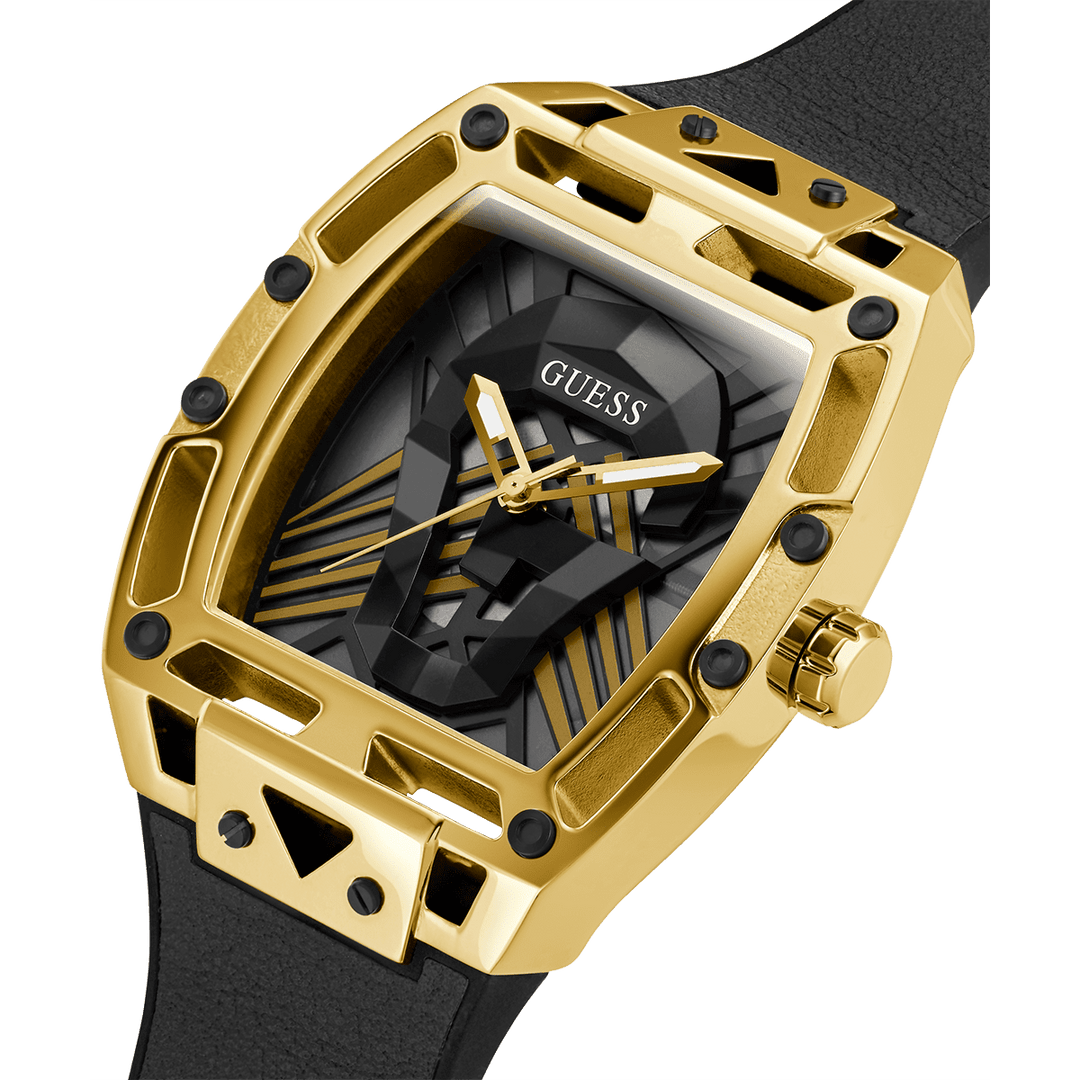 GUESS Mens Black Gold Tone Multi-Function Watch