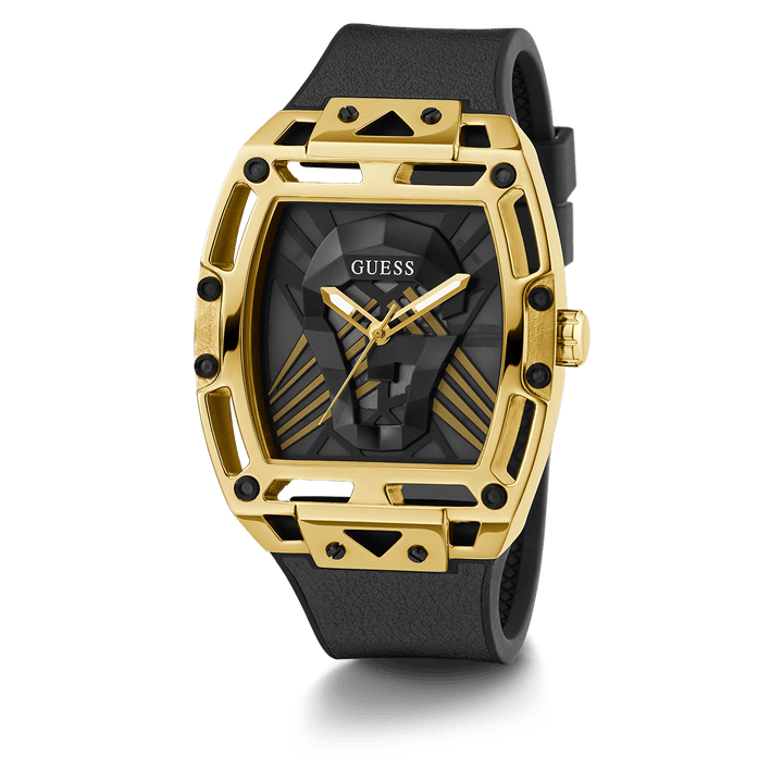 GUESS Mens Black Gold Tone Multi-Function Watch