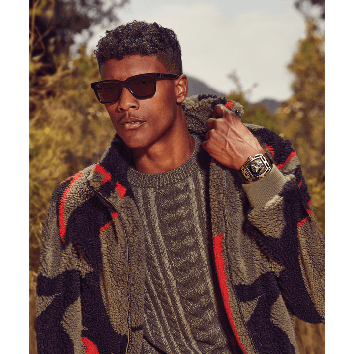 GUESS Mens Black Gold Tone Multi-Function Watch