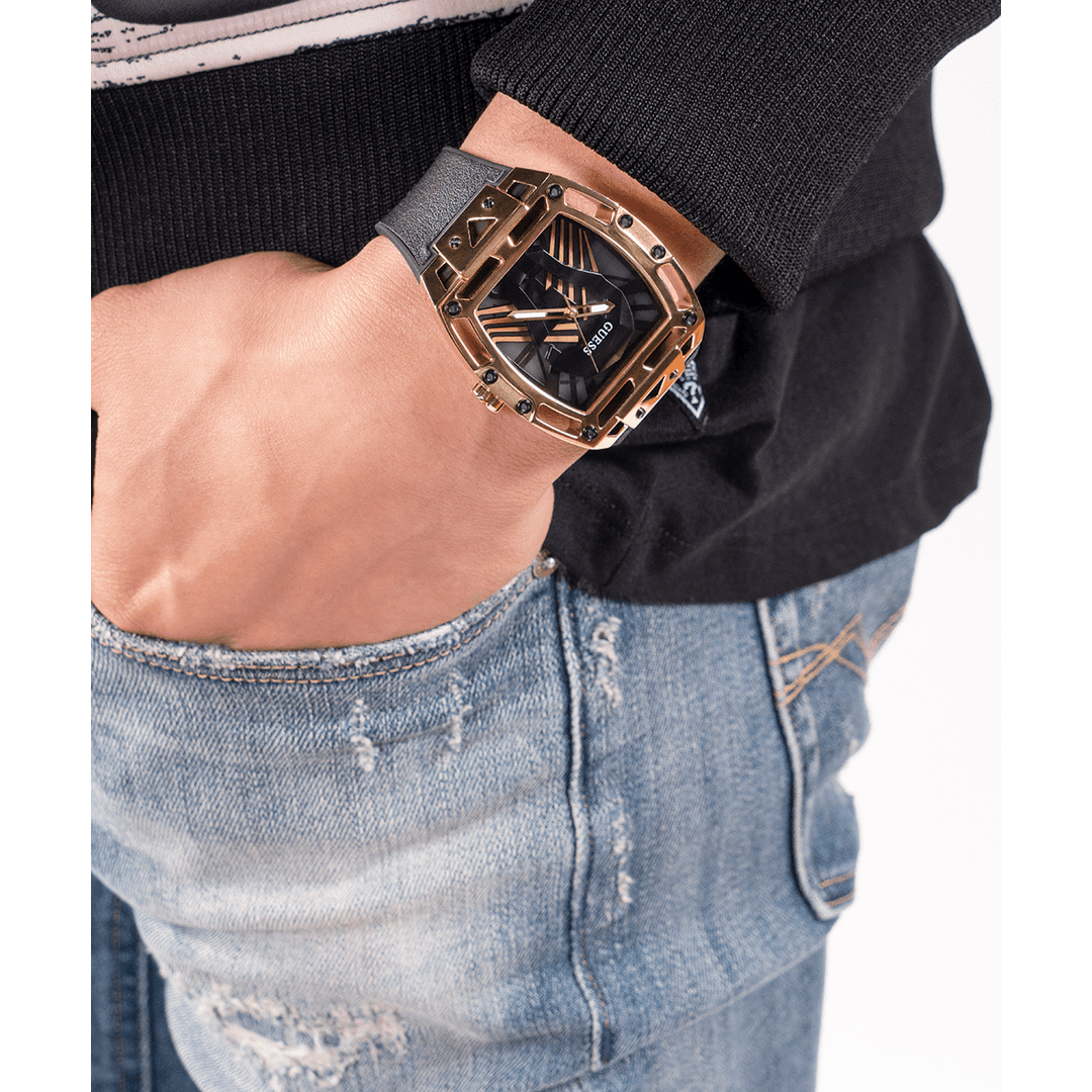 GUESS Mens Black Gold Tone Multi-Function Watch