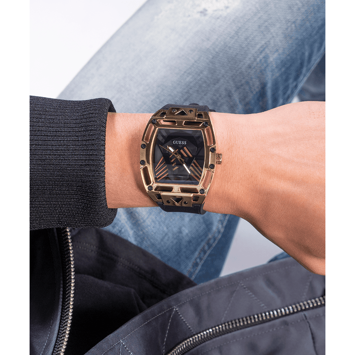 GUESS Mens Black Gold Tone Multi-Function Watch