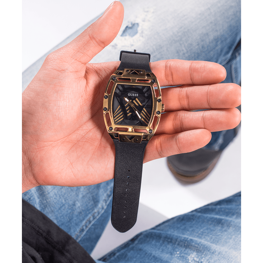 GUESS Mens Black Gold Tone Multi-Function Watch