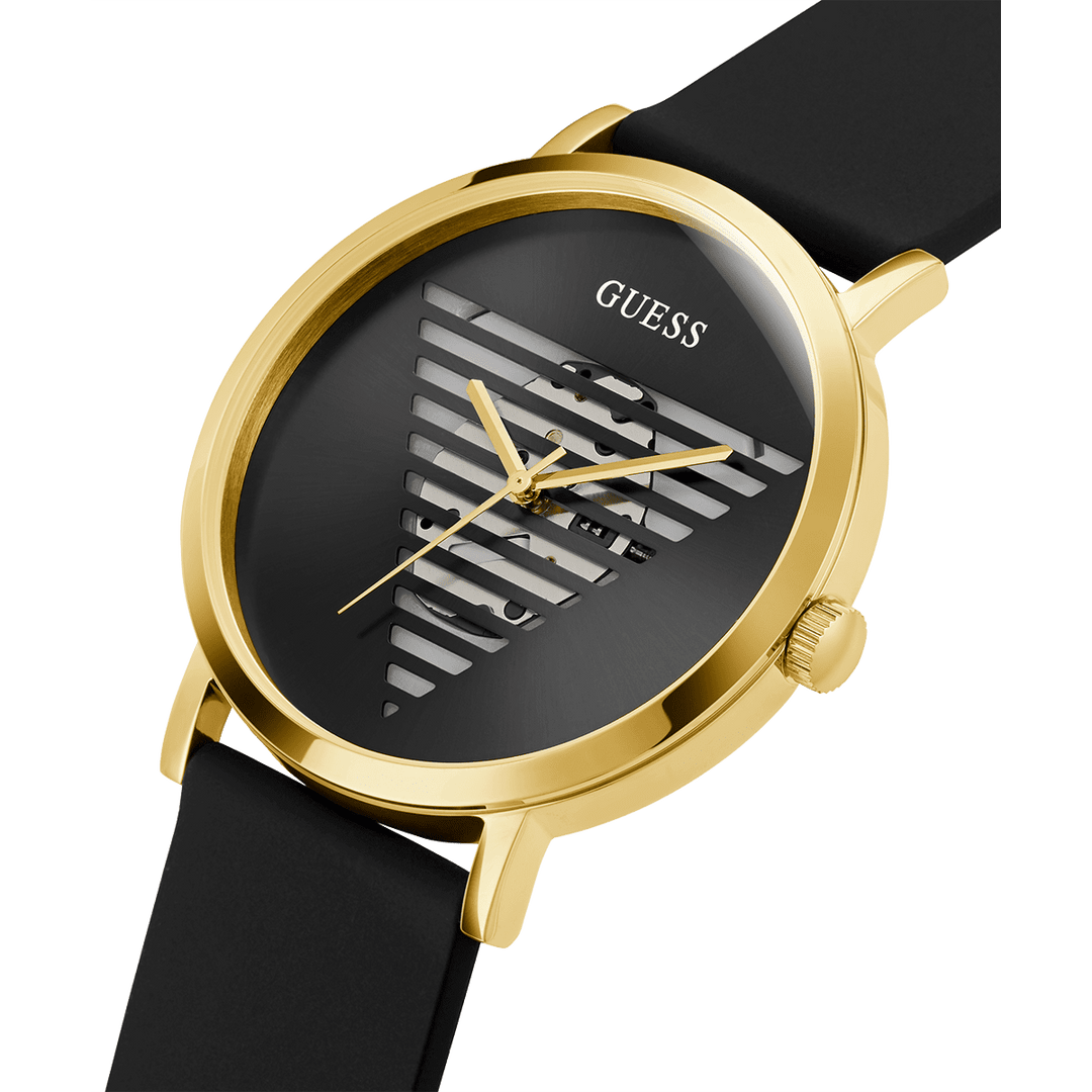 GUESS Mens Black Gold Tone Analog Watch