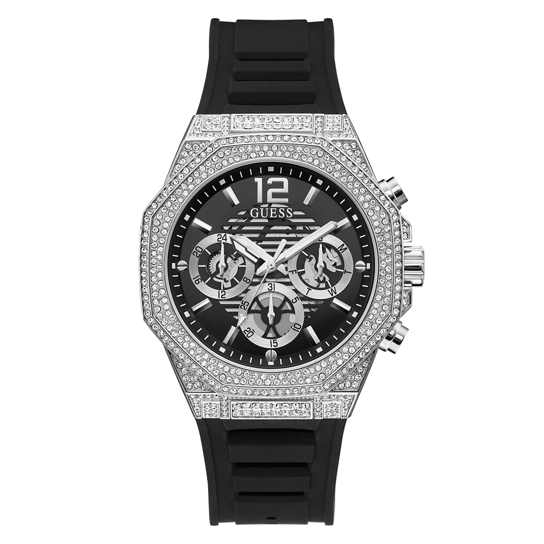 GUESS Mens Black Silver Tone Multi-Function Watch
