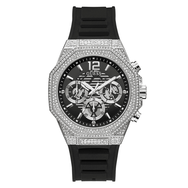 GUESS Mens Black Silver Tone Multi-Function Watch