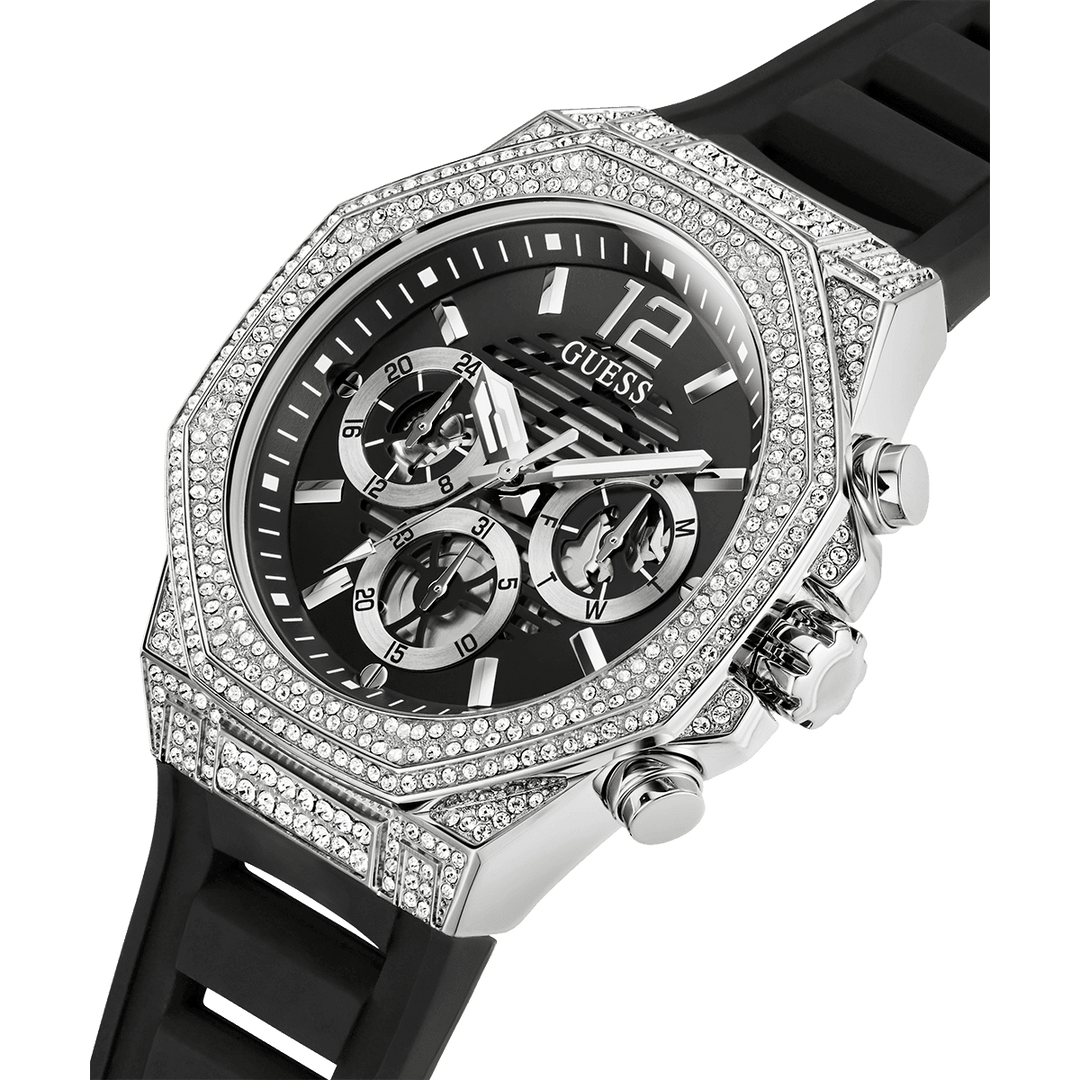 GUESS Mens Black Silver Tone Multi-Function Watch