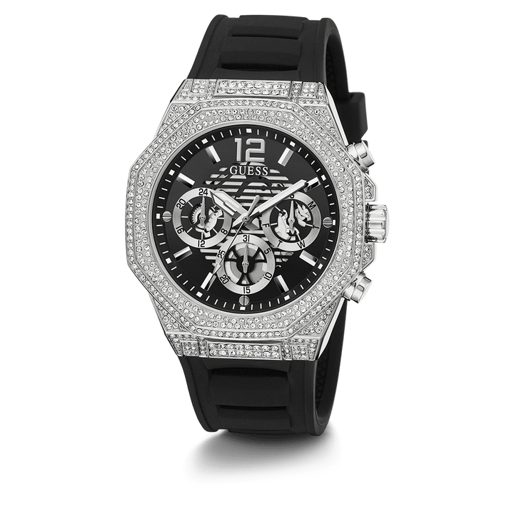 GUESS Mens Black Silver Tone Multi-Function Watch
