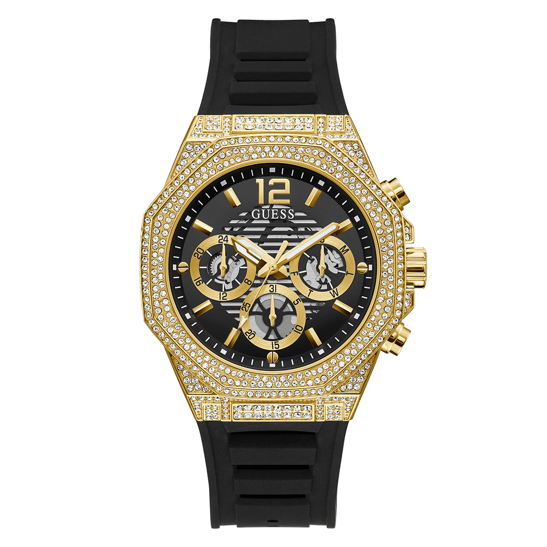 GUESS Mens Black Gold Tone Multi-Function Watch