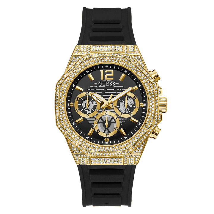 GUESS Mens Black Gold Tone Multi-Function Watch
