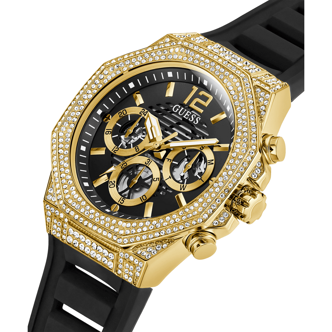 GUESS Mens Black Gold Tone Multi-Function Watch