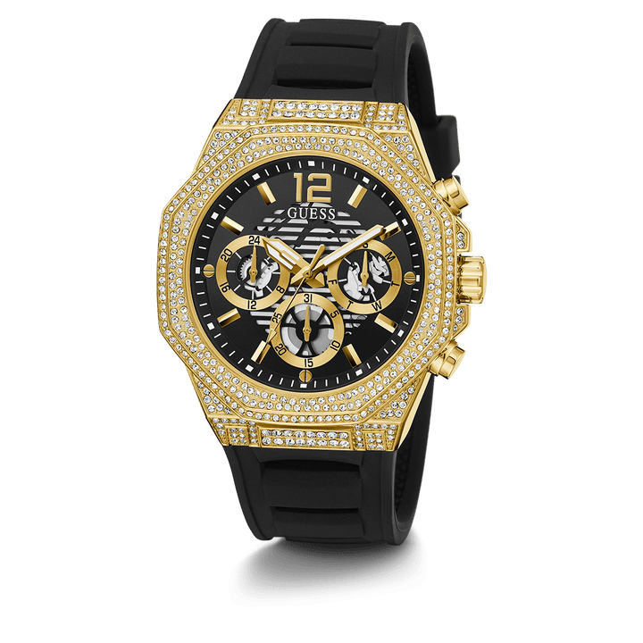 GUESS Mens Black Gold Tone Multi-Function Watch