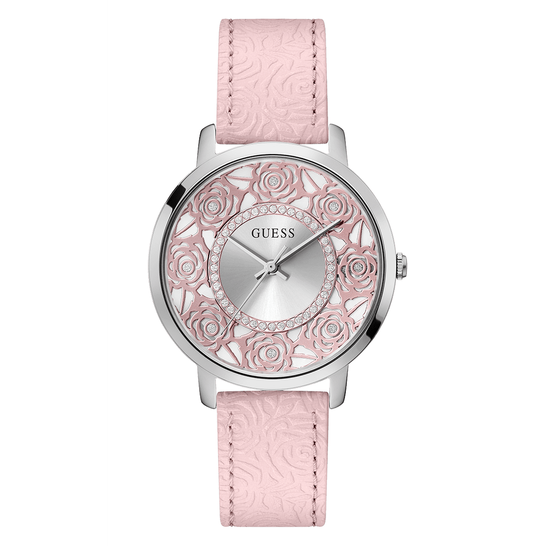 GUESS Ladies Pink Silver Tone Analog Watch