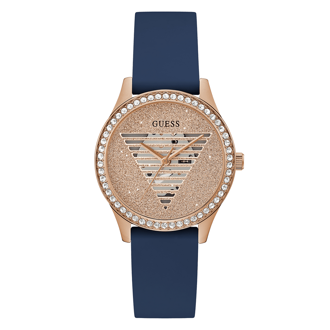 GUESS Ladies Blue Rose Gold Tone Analog Watch