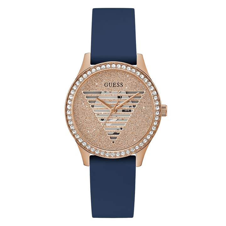 GUESS Ladies Blue Rose Gold Tone Analog Watch