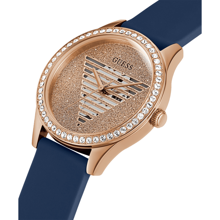 GUESS Ladies Blue Rose Gold Tone Analog Watch
