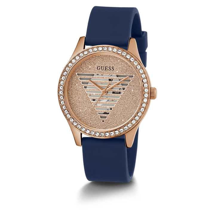 GUESS Ladies Blue Rose Gold Tone Analog Watch
