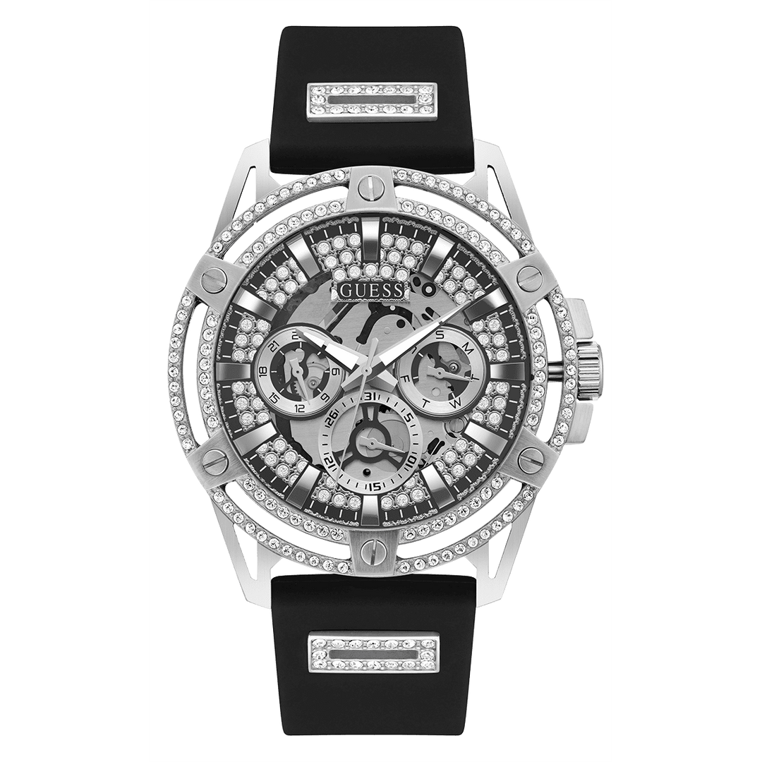 GUESS Mens Black Silver Tone Multi-Function Watch