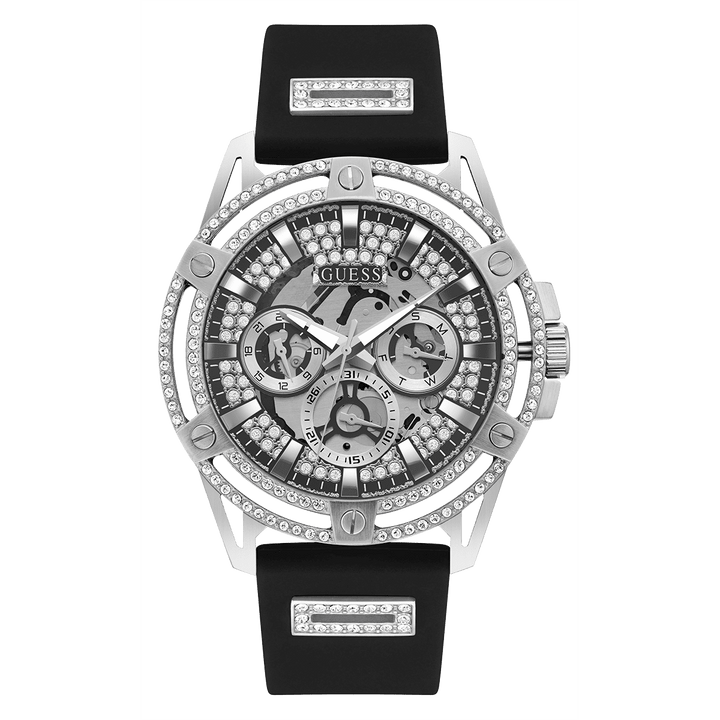 GUESS Mens Black Silver Tone Multi-Function Watch