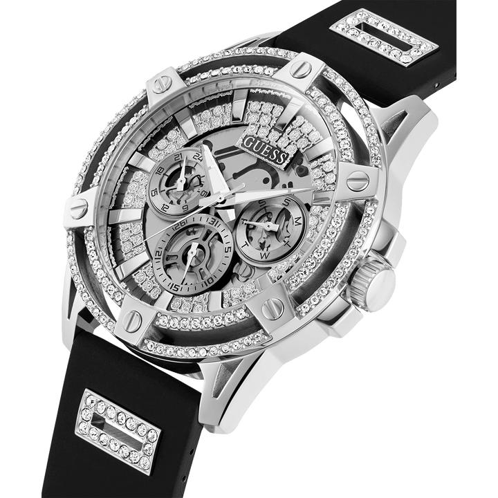 GUESS Mens Black Silver Tone Multi-Function Watch