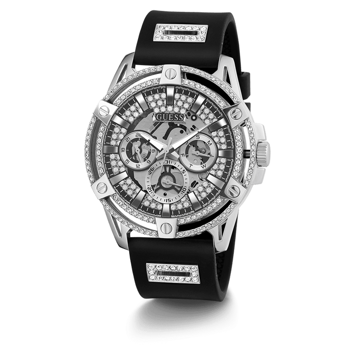 GUESS Mens Black Silver Tone Multi-Function Watch