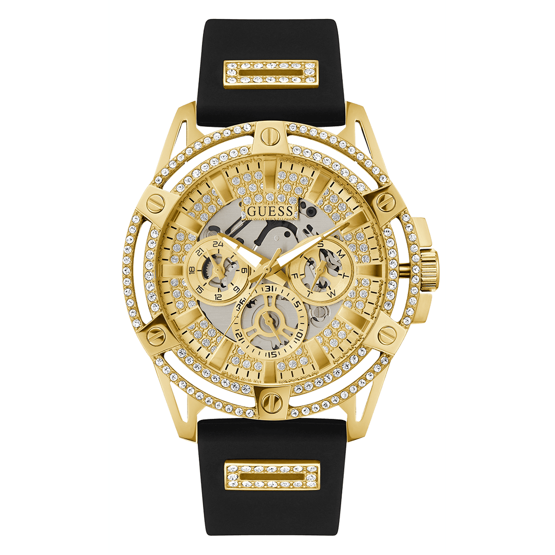GUESS Mens Black Gold Tone Multi-Function Watch