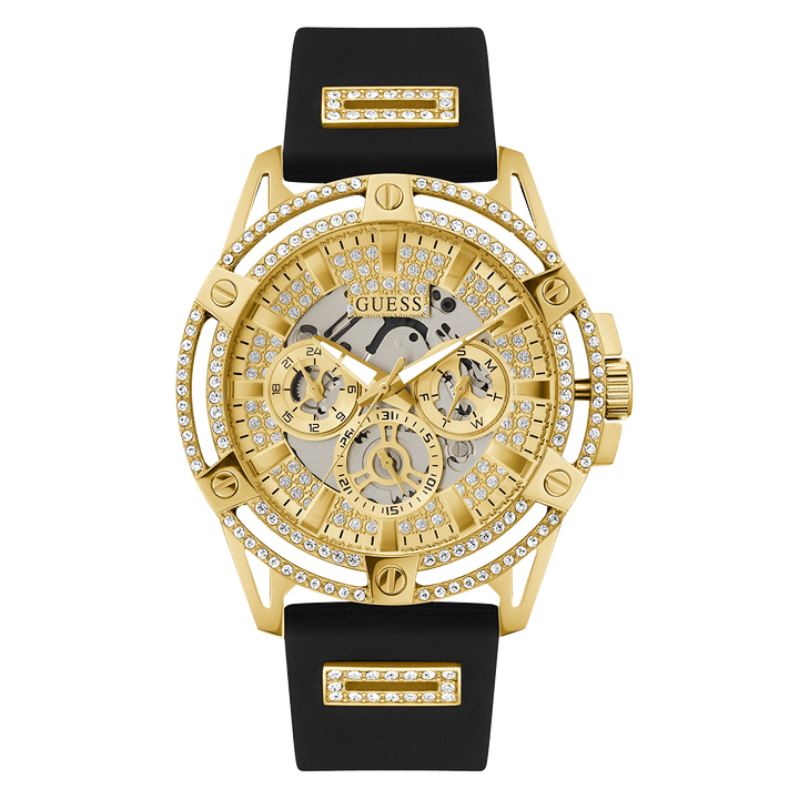 GUESS Mens Black Gold Tone Multi-Function Watch