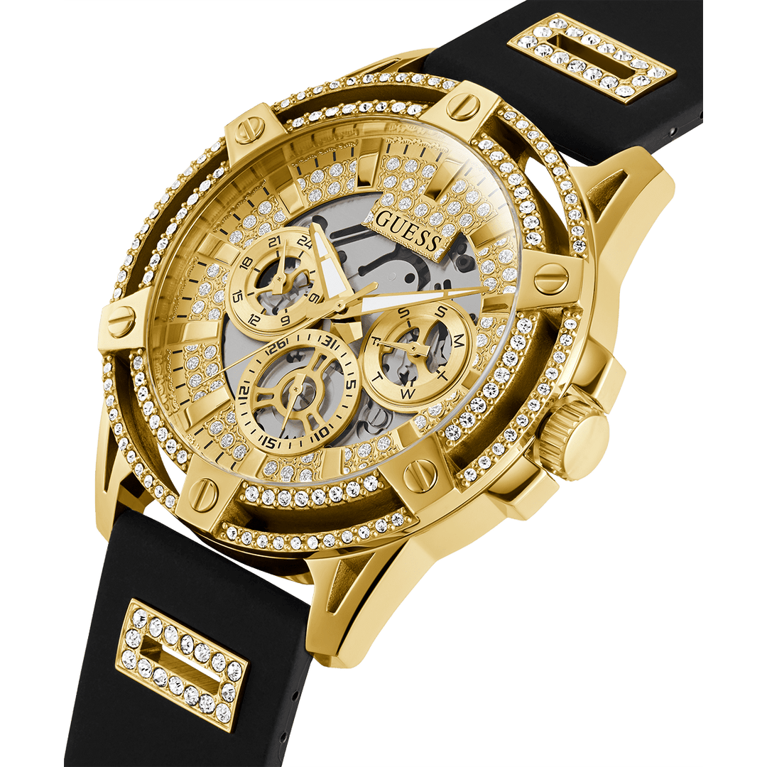 GUESS Mens Black Gold Tone Multi-Function Watch
