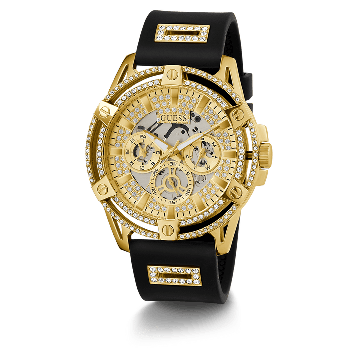 GUESS Mens Black Gold Tone Multi-Function Watch