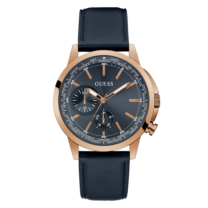 GUESS Mens Navy Rose Gold Tone Multi-Function Watch