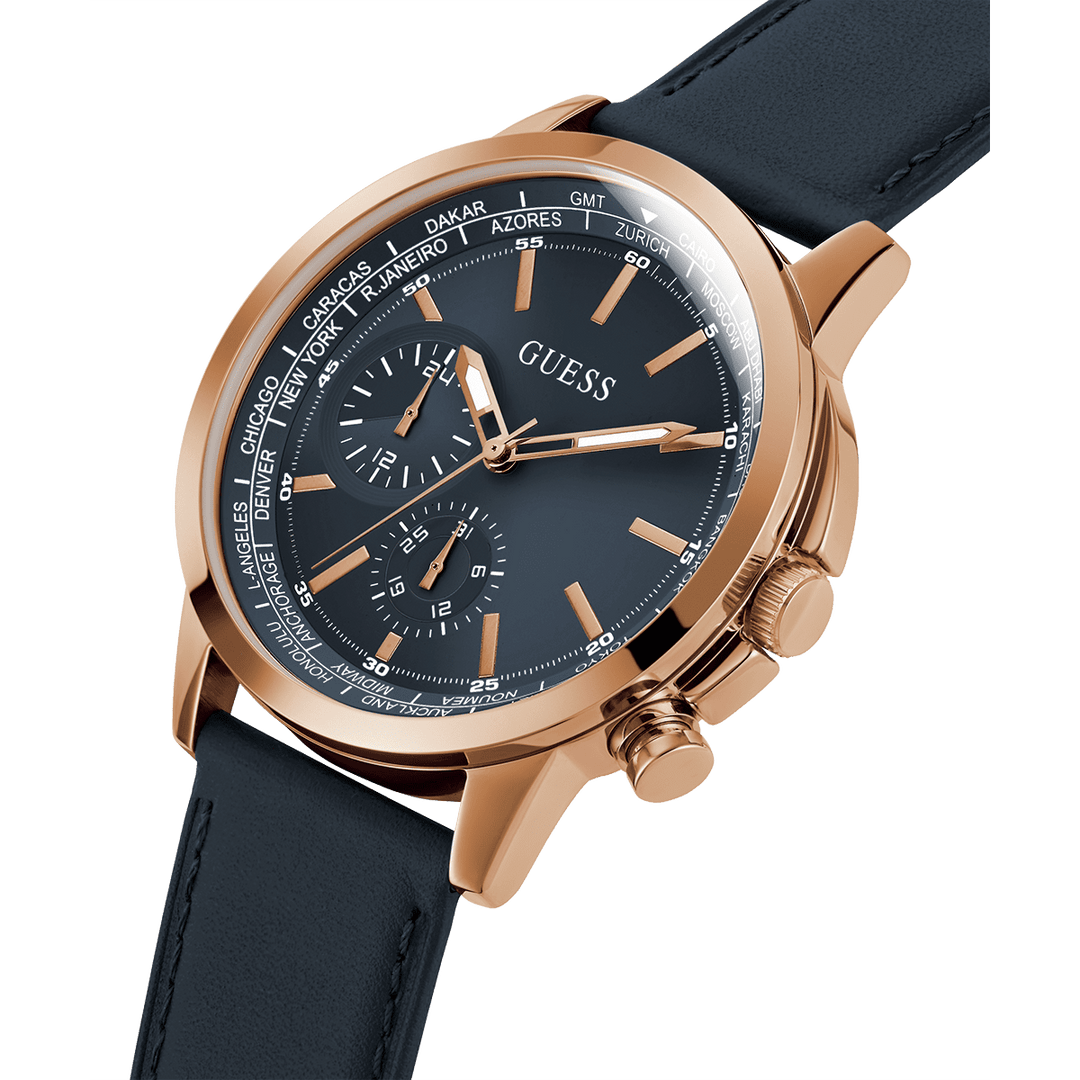 GUESS Mens Navy Rose Gold Tone Multi-Function Watch
