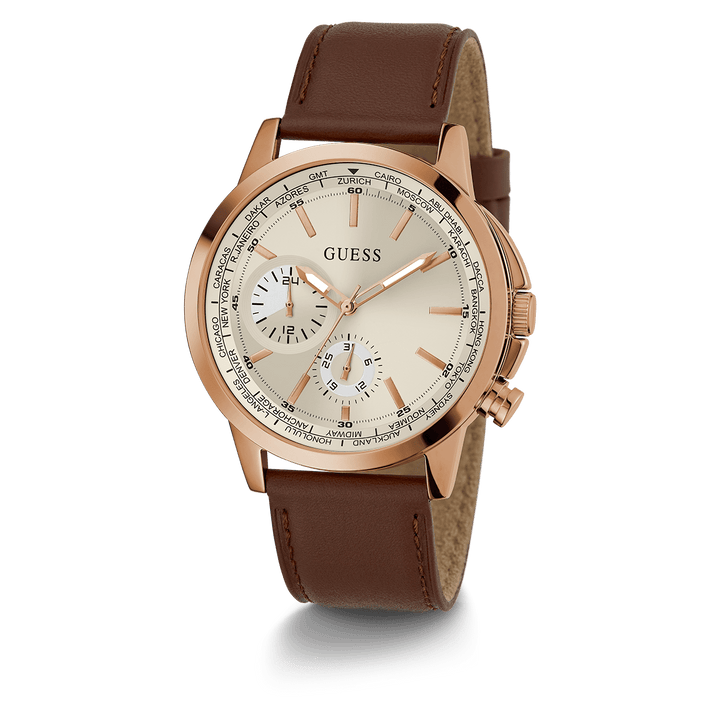 GUESS Mens Brown Rose Gold Tone Multi-Function Watch