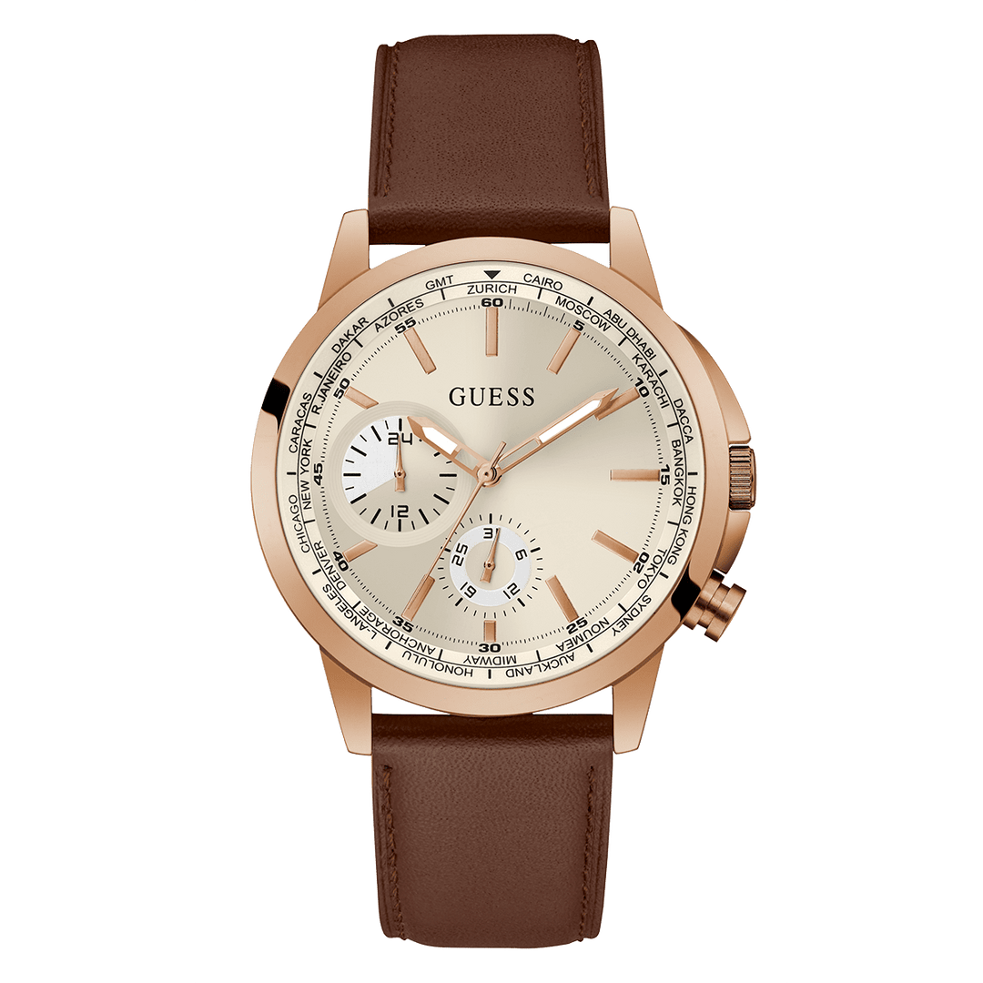GUESS Mens Brown Rose Gold Tone Multi-Function Watch