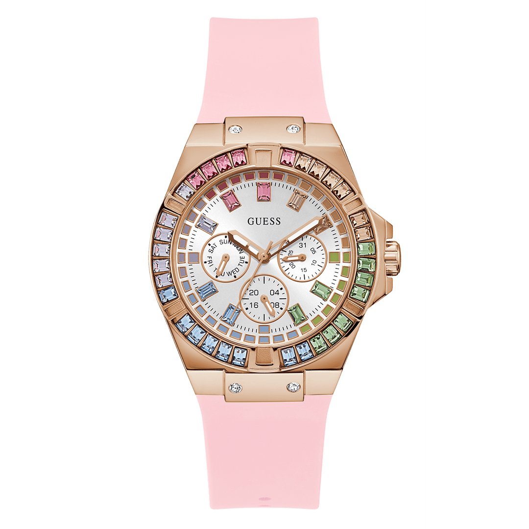 GUESS Ladies Pink Rose Gold Tone Multi-Function Watch