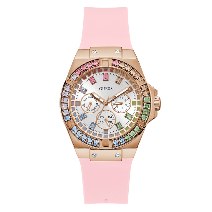 GUESS Ladies Pink Rose Gold Tone Multi-Function Watch