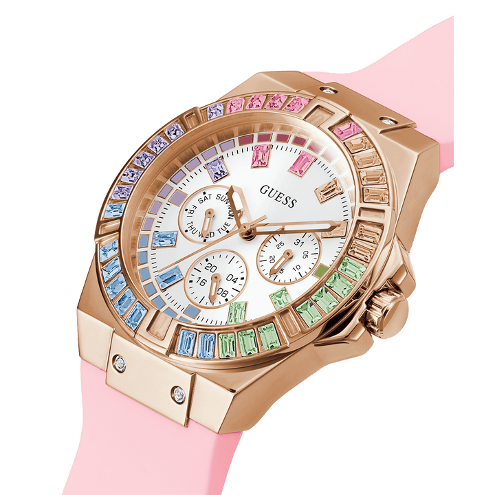 GUESS Ladies Pink Rose Gold Tone Multi-Function Watch