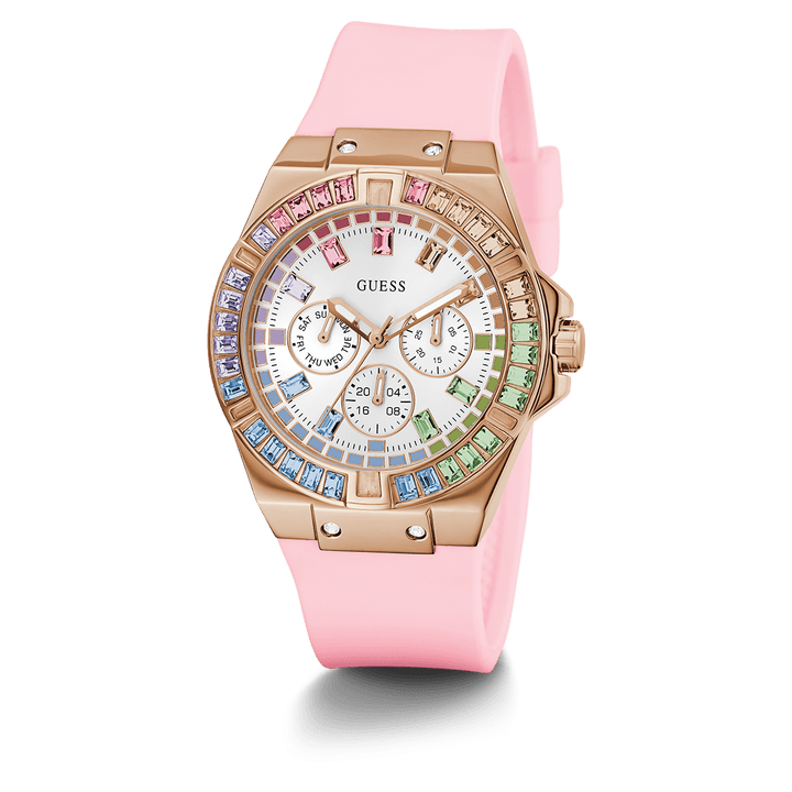 GUESS Ladies Pink Rose Gold Tone Multi-Function Watch