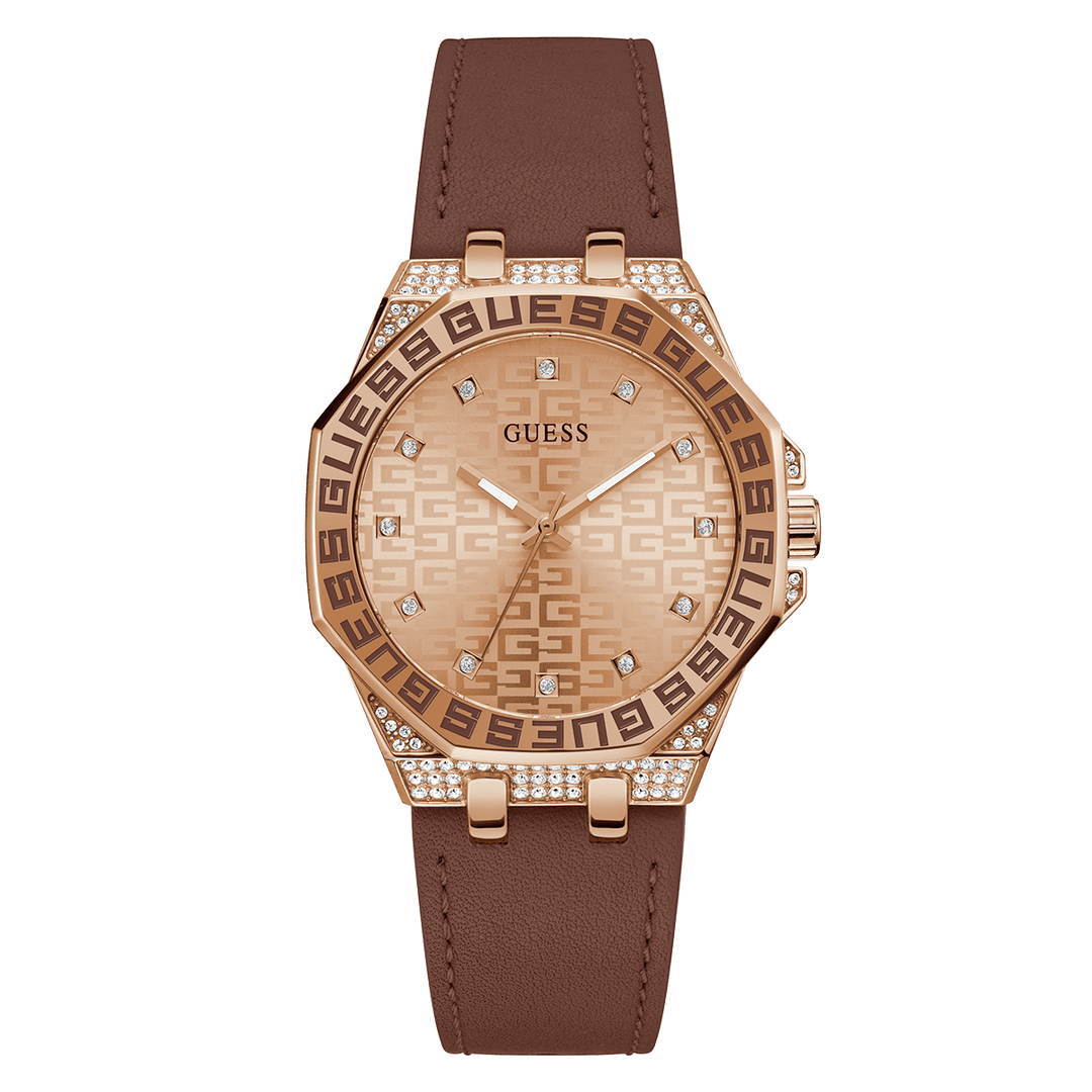 GUESS Ladies Brown Rose Gold Tone Analog Watch