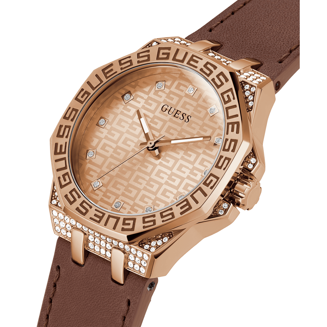 GUESS Ladies Brown Rose Gold Tone Analog Watch