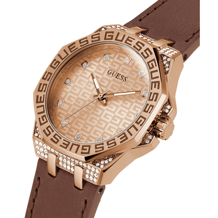 GUESS Ladies Brown Rose Gold Tone Analog Watch