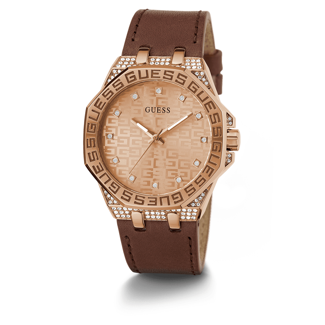 GUESS Ladies Brown Rose Gold Tone Analog Watch