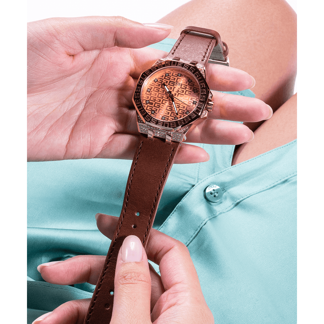 GUESS Ladies Brown Rose Gold Tone Analog Watch