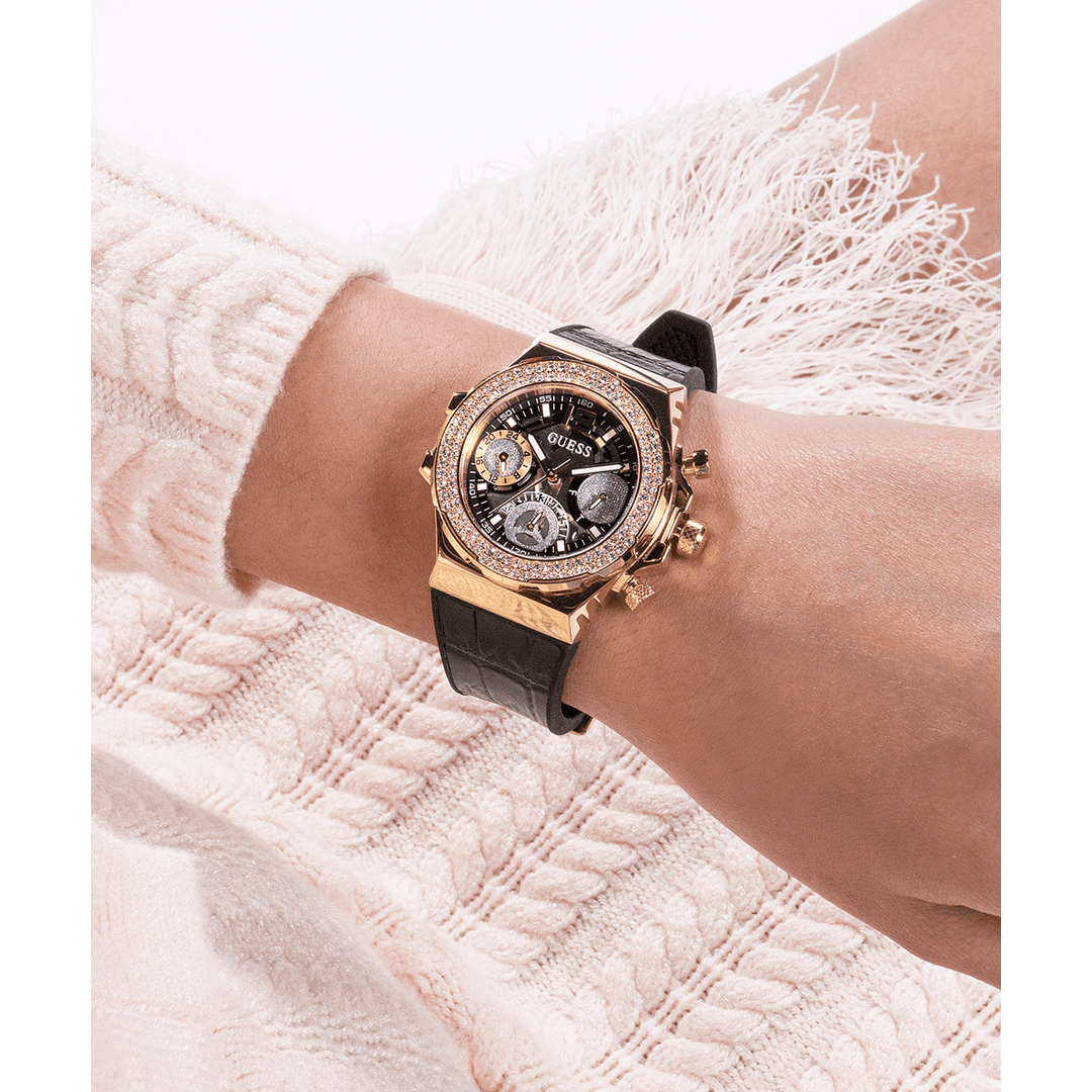 GUESS Ladies Black Gold Tone Multi-Function Watch