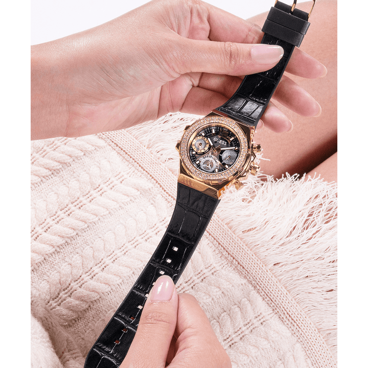 GUESS Ladies Black Gold Tone Multi-Function Watch