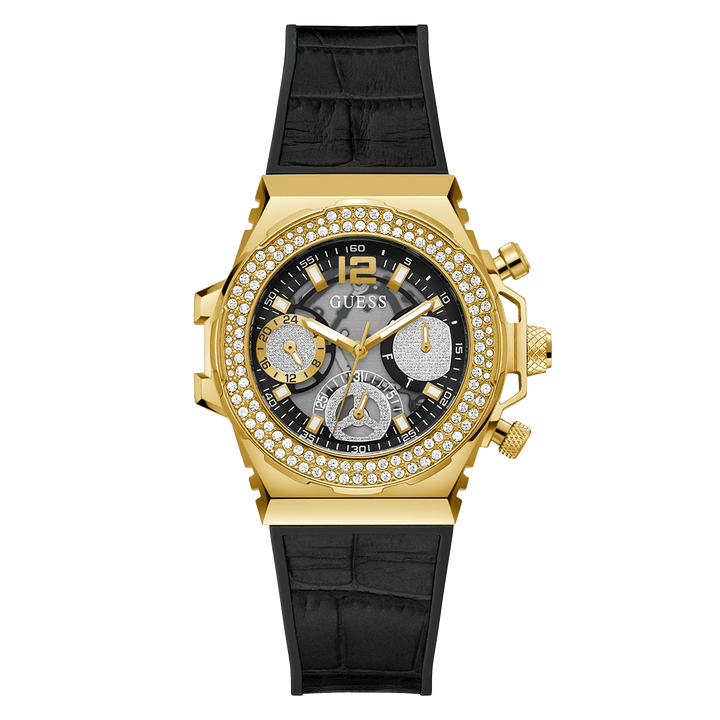 GUESS Ladies Black Gold Tone Multi-Function Watch