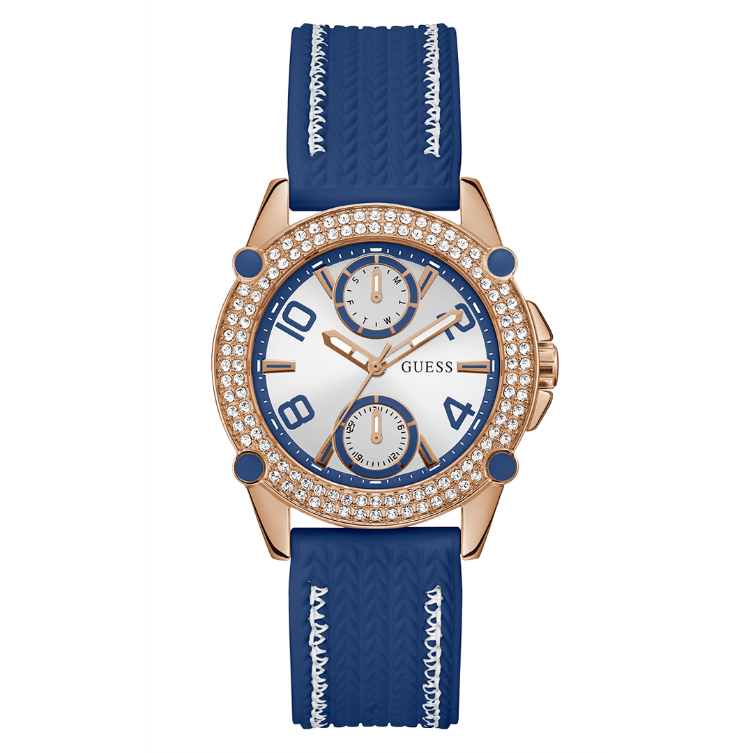 GUESS Ladies Blue Rose Gold Tone Multi-Function Watch