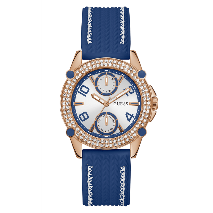 GUESS Ladies Blue Rose Gold Tone Multi-Function Watch