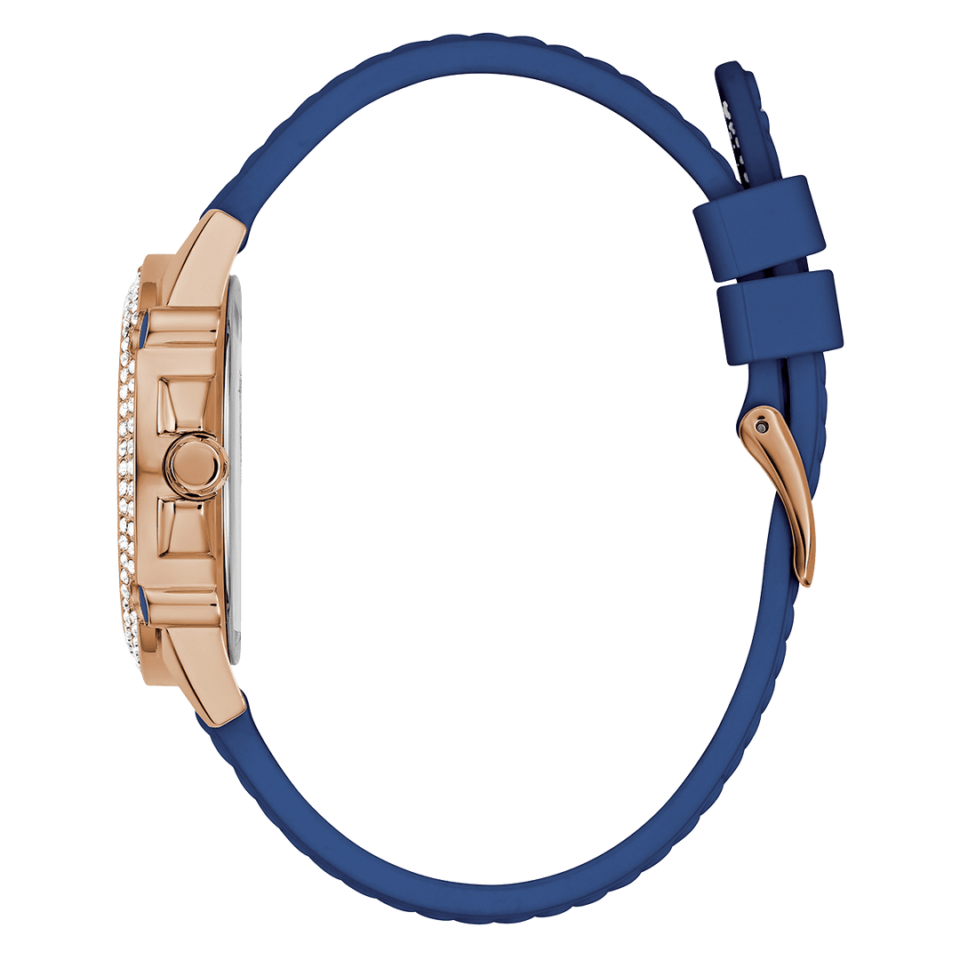 GUESS Ladies Blue Rose Gold Tone Multi-Function Watch
