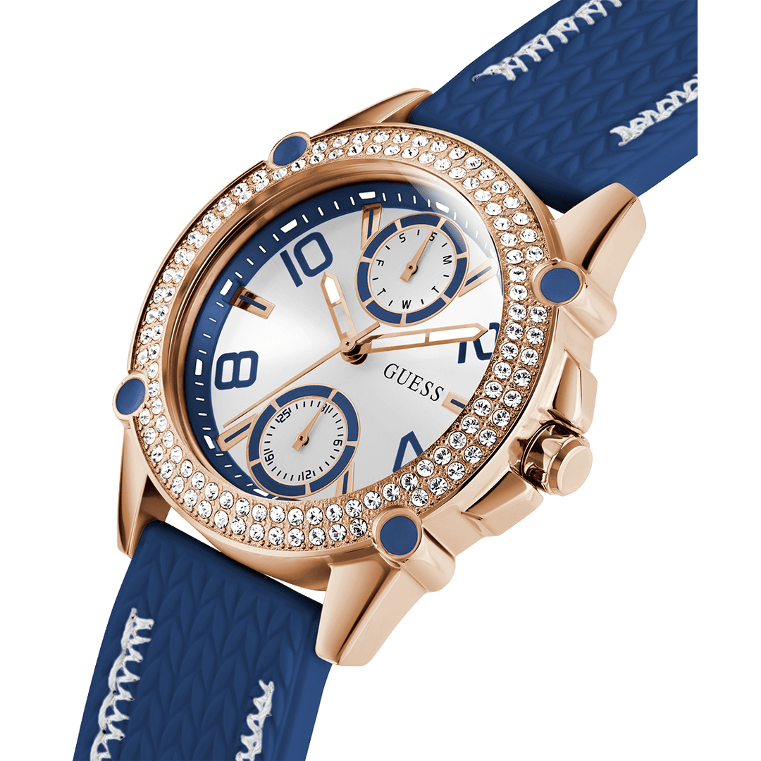 GUESS Ladies Blue Rose Gold Tone Multi-Function Watch