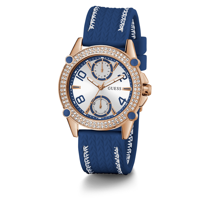GUESS Ladies Blue Rose Gold Tone Multi-Function Watch